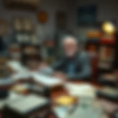 An author seated at a desk surrounded by memorabilia and notes from their journey
