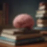 A stack of classic literature books with a brain illustration