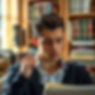 A person contemplating financial goals with books in the background