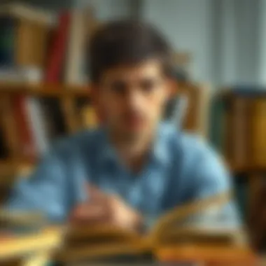 A person contemplating financial decisions with books in the background