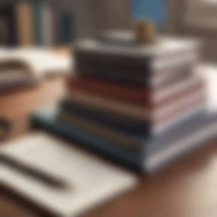 A desk with a notepad and pen next to a stack of books