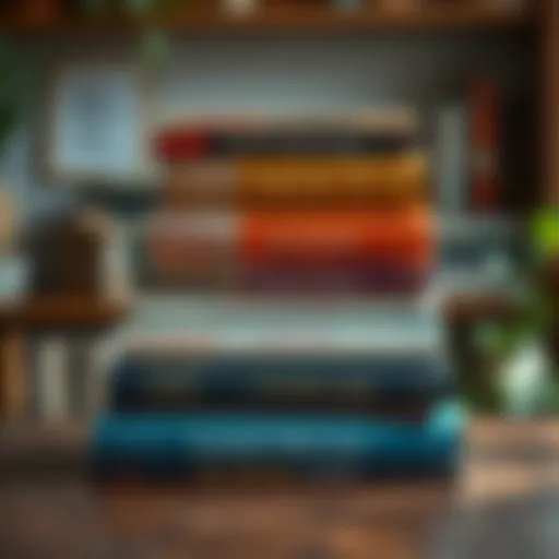 A stack of influential books on a wooden table