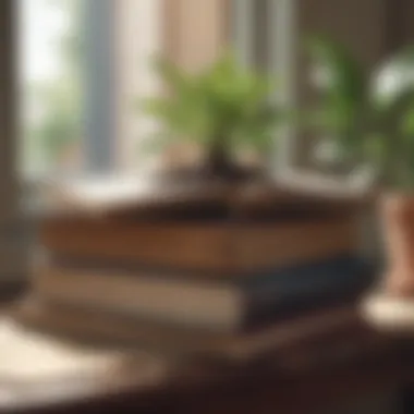 Books stacked on a desk with a plant