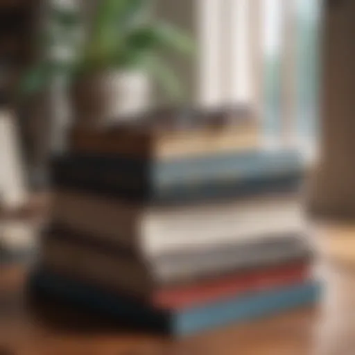 A stack of transformative books on a wooden desk