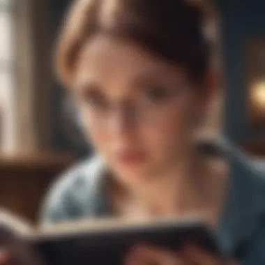 A close-up of a person reading a book with a thoughtful expression.