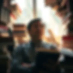 A contemplative figure surrounded by books symbolizing knowledge and introspection