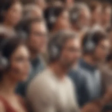 A diverse group of individuals engaged in listening to audiobooks on various devices