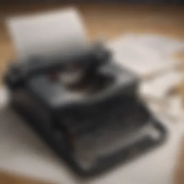 A typewriter with scattered pages of draft writings
