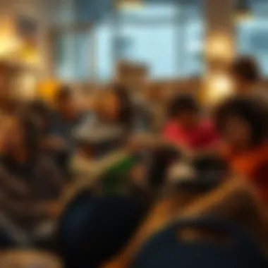 A diverse group engaging with audiobooks in various settings