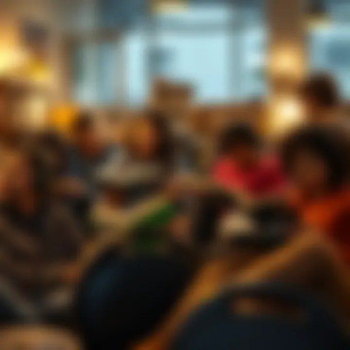 A diverse group engaging with audiobooks in various settings