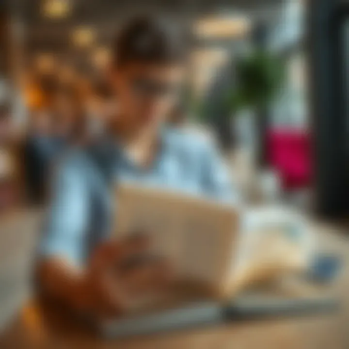 A busy professional utilizing a book summary for learning.