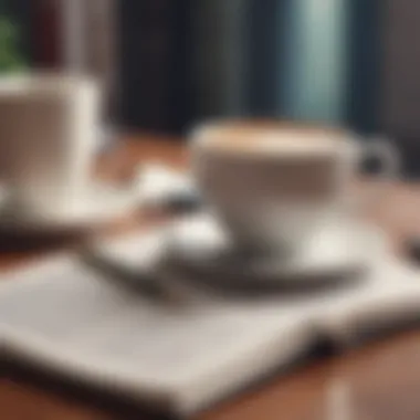 A stack of finance books next to a coffee cup and notepad.