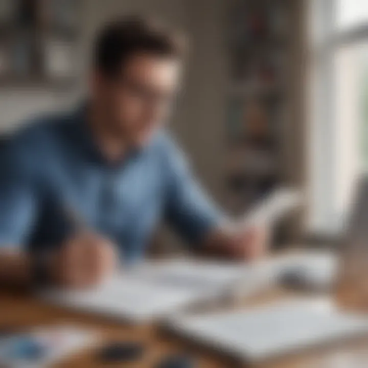 An individual studying a finance book with notes and a laptop.