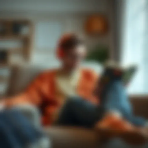 A listener engaged with an audiobook on a cozy chair