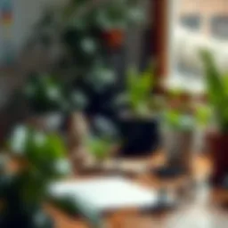 A serene workspace with plants and a notebook