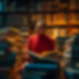 A contemplative figure surrounded by books