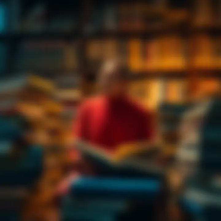 A contemplative figure surrounded by books
