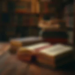 Books stacked on a vintage wooden table with a warm light illuminating the pages.