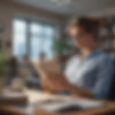 A professional reading a book in a modern office