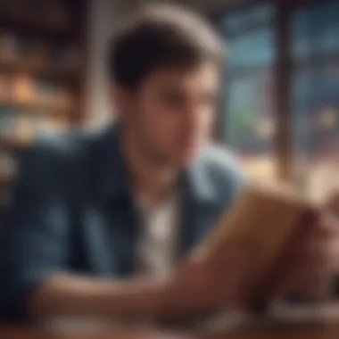 Contemplation and Insight A thoughtful man immersed in a book, reflecting on life