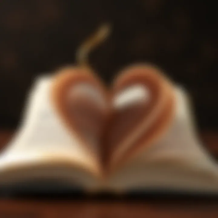 A close-up of an open heart shaped book