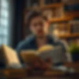 A contemplative individual surrounded by classic literature