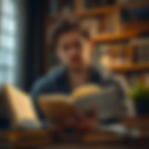 A contemplative individual surrounded by classic literature