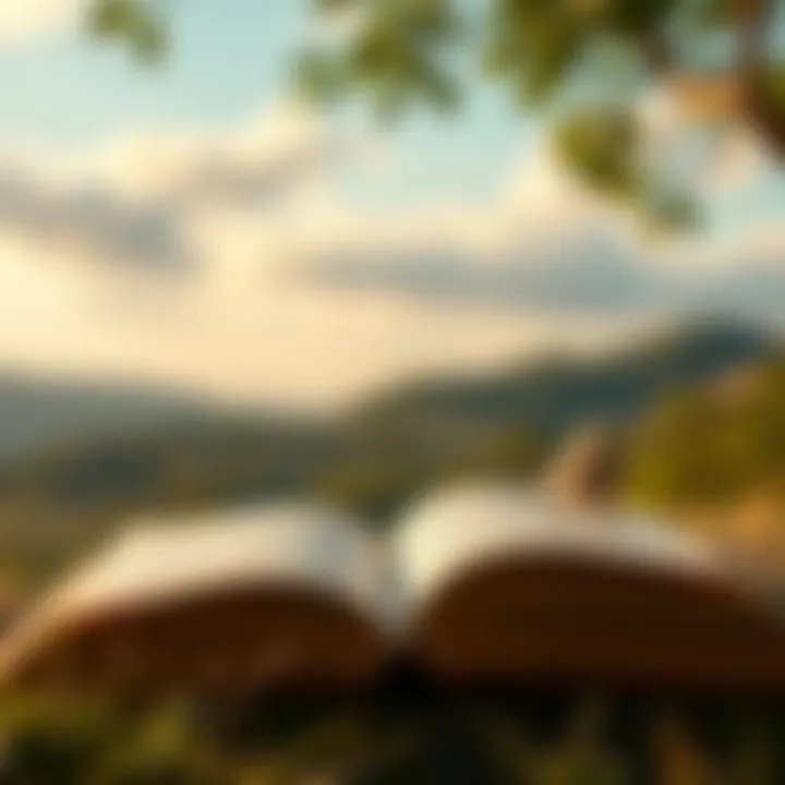 An open book with a serene landscape in the background