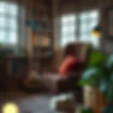 A serene library nook with self-growth books and a cozy reading chair