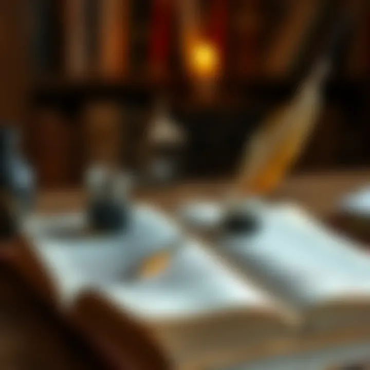 The Essence of Writing A close-up of an open book with a quill and inkpot, symbolizing the art of writing.