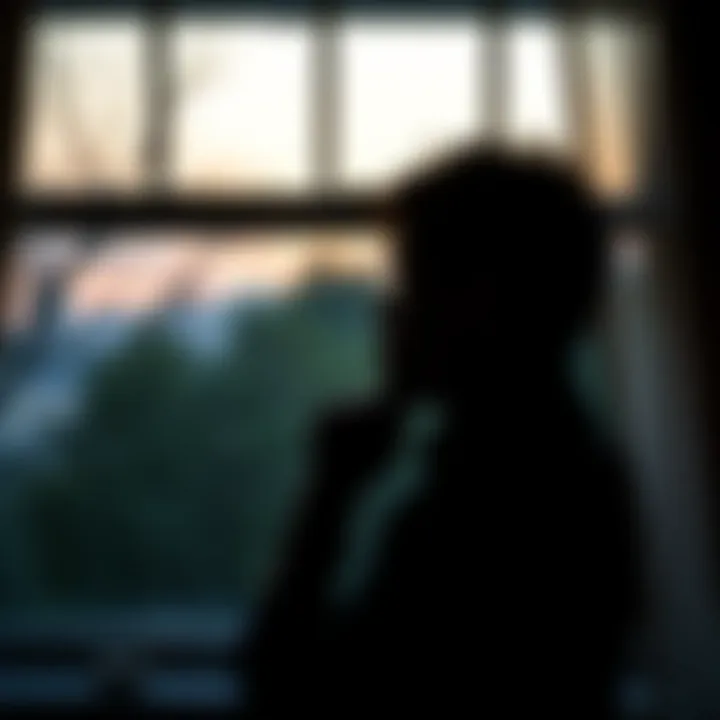 Contemplation of Ideas A silhouette of a thoughtful author gazing out of a window, contemplating ideas.