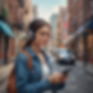 A professional listening to an audiobook on a busy street