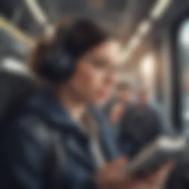 A person enjoying audiobooks while commuting