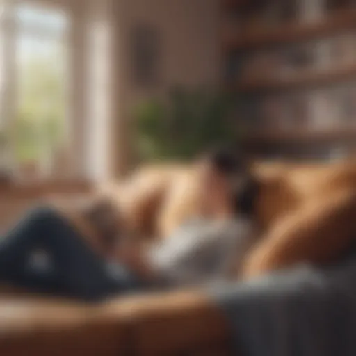 Listening to an audiobook on a cozy couch