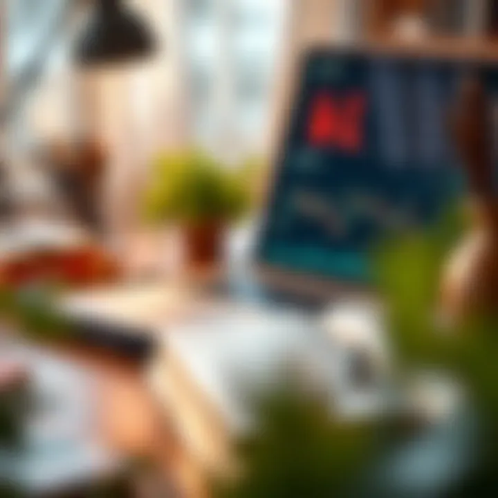 A serene workspace with a laptop and investment literature