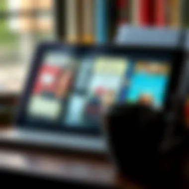 Diverse Audiobook Selection An array of audiobooks displayed on a digital device with a coffee cup beside it
