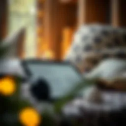 A cozy reading nook featuring headphones and an open audiobook on a tablet