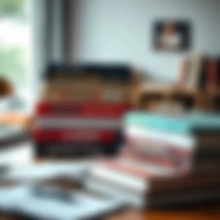 Inspiring Sales Literature Books stacked on a desk with motivational quotes