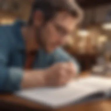 An individual deeply engaged in writing notes from a self-help workbook.