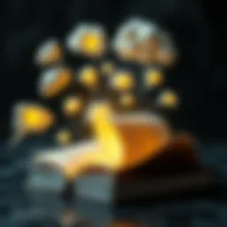 A surreal depiction of a book with glowing pages surrounded by thought bubbles.