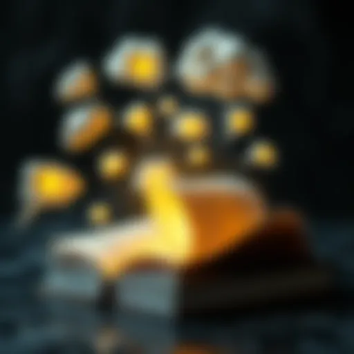 A surreal depiction of a book with glowing pages surrounded by thought bubbles.