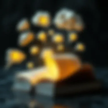 The Enigmatic Book of Thoughts A surreal depiction of a book with glowing pages surrounded by thought bubbles.