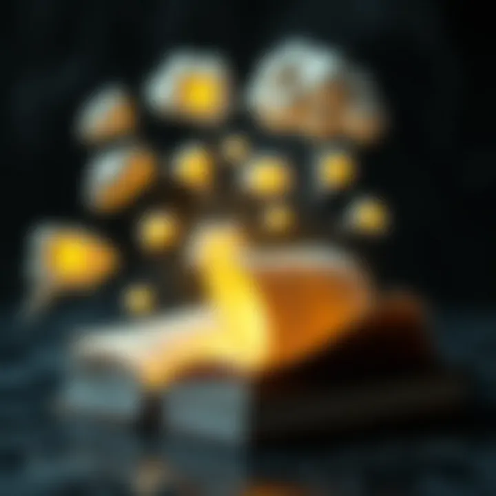 The Enigmatic Book of Thoughts A surreal depiction of a book with glowing pages surrounded by thought bubbles.