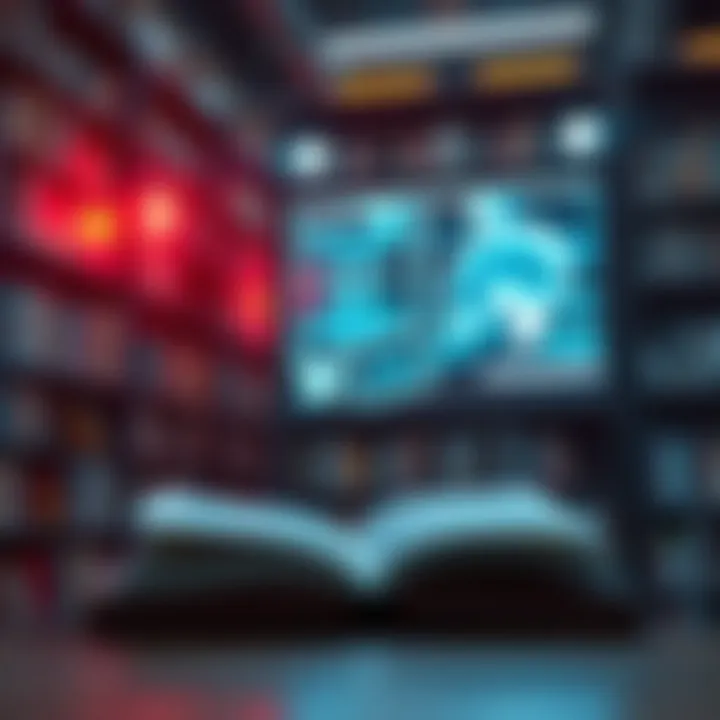 The Future of Reading Visualizing a futuristic library with high-tech bookshelves and interfaces.