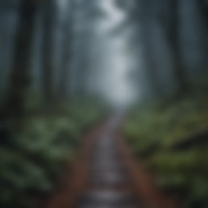 A dark forest path, evoking a sense of fear and moral ambiguity.