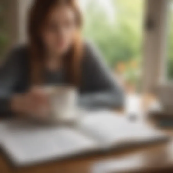 A person writing in a journal with a cup of tea