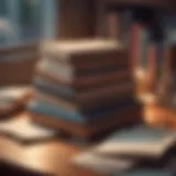 Books stacked on a table with a warm light