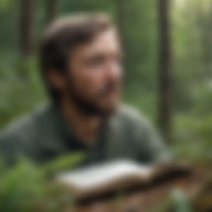 Close-up of Thoreau's writings with nature in the background