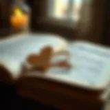 A close-up of a classic book with a heart-shaped bookmark