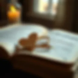 A close-up of a classic book with a heart-shaped bookmark